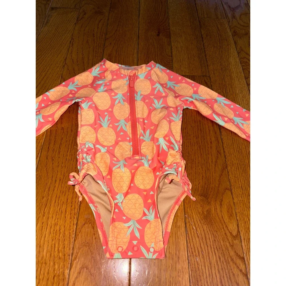 Old Navy Girls Pineapple Rash Guard Swimsuit Coral Pink Long Sleeve 12-18M